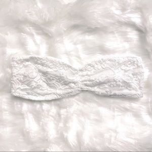 White lace strapless bralette with strappy back